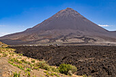 The volcanic cone and lava flows of Pico do Fogo after the 2014 volcanic eruption on the island of Fogo in Cape Verde