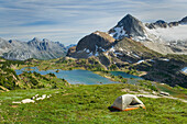 Campsite above Limestone Lakes Basin, Mount Abruzzi is in the background,