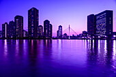 Die Stadt Tokio bei Nacht, der Sumida-Fluss, Gebäude, die sich gegen den violetten Himmel abheben, Spiegelungen im Wasser.