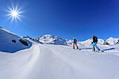 Two women on a ski tour ascending to the Rosskopf, Rosskopf, Hochfügen, Zillertal, Tux Alps, Tyrol, Austria