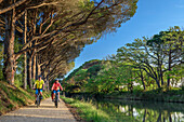 Two people cycling along the Canal du Midi, near Argeliers, Canal du Midi, UNESCO World Heritage Canal du Midi, Occitania, France