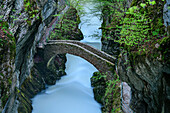 Steinbrücke führt über die Areuse, Areuse-Schlucht, Schweizer Jura, Neuenburg, Schweiz