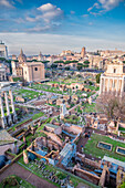 View of the ruins of Palatine hill from the Terrazza Belvedere del Palatino in Rome, Italy