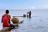 traditional fishermen at Lake Bosumtwi near Abono in the Ashanti Region of central Ghana in West Africa