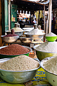 Grains and cassava flour at the market in Tamale in the Northern Region of north Ghana in West Africa