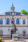 Vaucouleurs town hall with the equestrian statue of Joan of Arc, Meuse, Lorraine, Grand Est, Alsace-Champagne-Ardenne-Lorraine, France