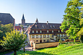 View from the city walls to the Abbey Church of St. Peter and Paul in Wissembourg, Northern Alsace, Bas-Rhin Grand Est, Alsace-Champagne-Ardenne-Lorraine, France