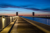 Sunset at Magdeburg waterway crossing, Mittelland Canal leads into trough bridge over Elbe, longest canal bridge in Europe, Magdeburg, Saxony-Anhalt, Germany