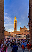 Torre Del Mangia tower, Palazzo Pubblico town hall, people at Piazza Del Campo, Siena, Tuscany, Italy, Europe