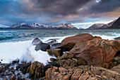 Wild stretch of coast in the Lofoten Islands in northern Norway.