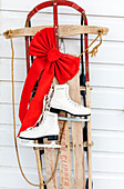 Old fashioned sled with ice skates at Chico Hot Springs in winter in Pray, Montana, USA