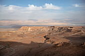 View of the natural fortifications of Masada and the Dead Sea, Israel, Middle East, Asia, UNESCO World Heritage Site