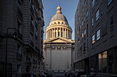 View through street canyon to the dome of the Pantheon (National Hall of Fame), capital Paris, Ile de France, France