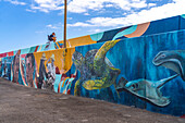 Wandmalerei mit Rochen und Meeresschildkröte auf der Kaimauer im Hafen Los Abrigos, Teneriffa, Kanarische Inseln, Spanien 