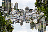 Doppelbelichtungsansicht der Innenstadt von San Francisco von der Spitze der Union Street, Kalifornien.