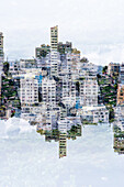 Double exposure of the skyline of San Francisco as seen from the Colt tower vantage point.