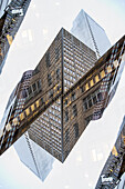 Double exposure of a highrise building on Battery street in the Financial District area of San Francisco, California.