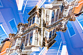 Double exposure of a Victorian style colorful wooden residential building in the famous mission district in San Francisco, California.