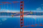 Double exposure of the iconic Golden Gate Bridge in San Francisco, California.