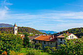 Stadt mit altem Haus und Kirchturm und Berg an einem sonnigen Tag in Arzo, Tessin, Schweiz.