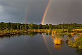 Regenbogen über der Moorlandschaft, Niedersachsen, Deutschland
