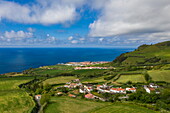 Aerial view of villages and coastline, Maia, Sao Miguel Island, Azores, Portugal, Europe