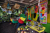 Happy fruit and spice vendor, near Saint George&#39;s, Saint George, Grenada, Caribbean