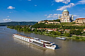 Aerial view of river cruise ship Excellence Empress (travel agency Mittelthurgau) on the Danube with Esztergom Basilica, Esztergom, Komárom-Esztergom, Hungary, Europe