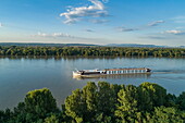Aerial view of river cruise ship Excellence Empress (travel agency Mittelthurgau) on the Danube, Nyergesújfalu, Komárom-Esztergom, Hungary, Europe