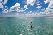 Aerial view of windsurfers in the lagoon at Lac Bay, Sorobon, Bonaire, Netherlands Antilles, Caribbean