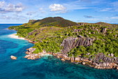 Aerial view of reef and island, Curieuse Island, Seychelles, Indian Ocean