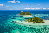 Aerial view of sailing boats and islands, St Anne Marine National Park, near Mahé Island, Seychelles, Indian Ocean