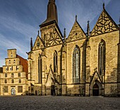 City scales and Marienkirche on the market square in Osnabrück, Lower Saxony, Germany