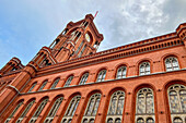 The famous Rotes Rathaus near Alexanderplatz in Berlin seen from below in an interesting perspective, Berlin, Germany