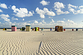 Beach chairs and beach tents on the southern beach, Borkum Island, Lower Saxony, Germany