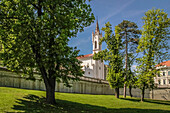 Park in front of the Theater with Church Ecclesia Reginae Mundi in Veszprém, Veszprém County, Hungary