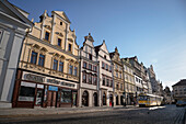 historic apartment buildings with tram at Republic Square, Pilsen (Plzeň), Bohemia, Czech Republic, Europe