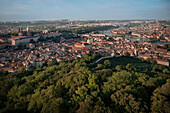 Panoramic view from Petřín lookout tower to Prague Castle with Old Town, Prague, Bohemia, Czech Republic, Europe, UNESCO World Heritage Site