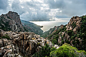 Red granite rocks, Tafoni, Calanches de Piana, Bay of Porto, Porto, UNESCO World Natural Heritage Site, Haute-Corse Department, West Coast, Corsica, Mediterranean Sea, France