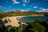 Sandy beach and mountains, Plage dArone, Piana, Haute-Corse department, west coast, Corsica, Mediterranean Sea, France