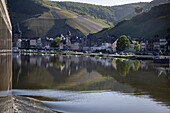 Reflection of the city in the Moselle as seen from the river cruise ship nickoSPIRIT (nicko cruises), Bernkastel-Kues, Rhineland-Palatinate, Germany, Europe
