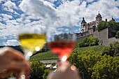 Toasting wine glasses on the banks of the Main with a view of Marienberg Fortress, Wuerzburg, Franconia, Bavaria, Germany, Europe