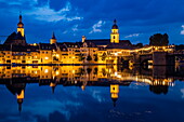 Reflection of churches and bridge in the river Main at night, Kitzingen, Franconia, Bavaria, Germany, Europe