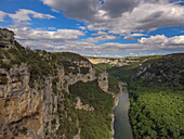 Aerial view of the Ardeche river in the Gorges de Ardeche, Saint-Remèze, Ardèche, Auvergne-Rhone-Alpes, France, Europe