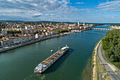 Aerial view of river cruise ship Excellence Rhône (travel agency Mittelthurgau) approaching Macon on the Saône, Mâcon, Ain, France, Europe