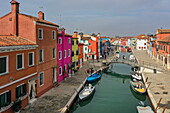 Aerial view of a canal in Burano with colorful houses, Burano, Venice, Italy, Europe
