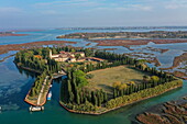 Aerial view of the Convento di San Francesco del Deserto church, near Burano, Venice, Italy, Europe