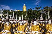 Große Anzahl von Buddha-Statuen im Maha Bodhi Tahtaung Kloster mit Reclining Buddha und Laykyun Sekkya Standing Buddha Statue dahinter, Myanmar, Asien