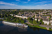 Aerial view of river cruise ship Excellence Countess (travel agency Mittelthurgau) on the Meuse, Maastricht, Limburg, Netherlands, Europe