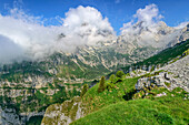 Peaks of the Feltrin Mountains shrouded in clouds, Belluneser Höhenweg, Dolomites, Veneto, Venetia, Italy